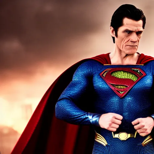 Image similar to Willem Dafoe as Superman, film still from Batman v Superman, detailed, 4k