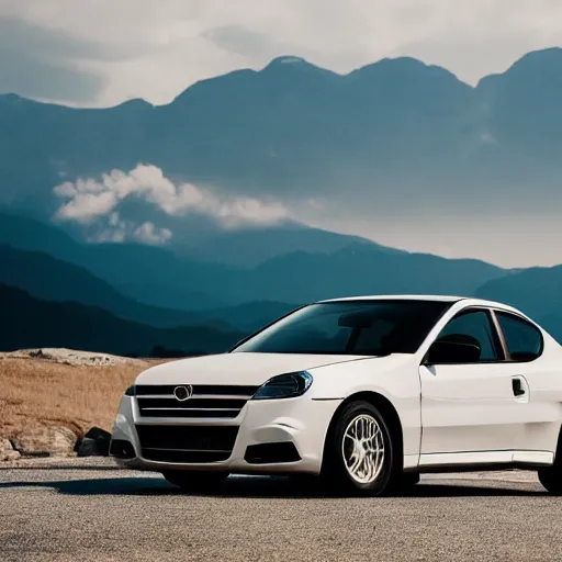 Prompt: modern minimalistic car, professional photography, vaporwave, mountains in the background