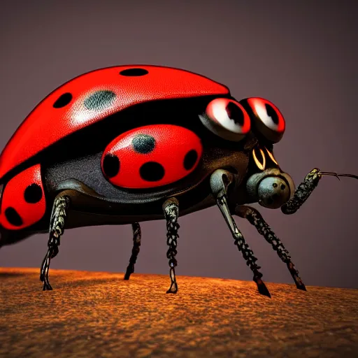 Image similar to high detail ladybug as a monster, fantasy art style, 4 k scary atmosphere, nightmare - like dream raytracing