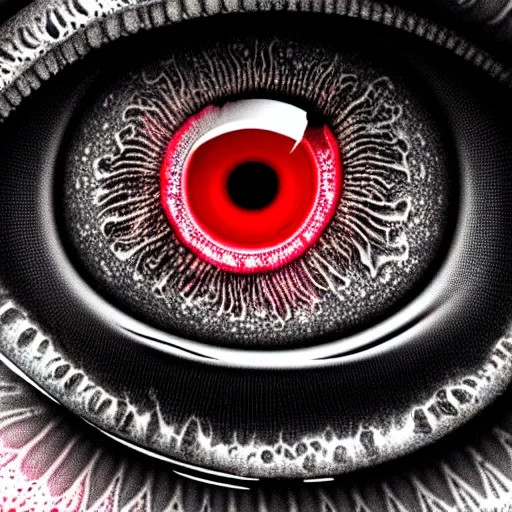 Image similar to a detailed extremely close up of inside the iris, cornea, red image, microscopic, extremely close up drawing by junji ito, cgsociety, generative art, lovecraftian, parallax, cosmic horror, extremely detailed, hyperrealism, unreal engine, octane render, award winning, masterpiece, highly detailed, realistic, 4 k, digital