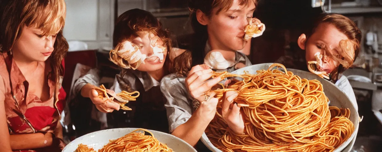 Prompt: celebrities eating spaghetti out of a giant bowl, high detailed face, facial expression, small details, intricate, canon 5 0 mm, cinematic lighting, photography, film, kodachrome