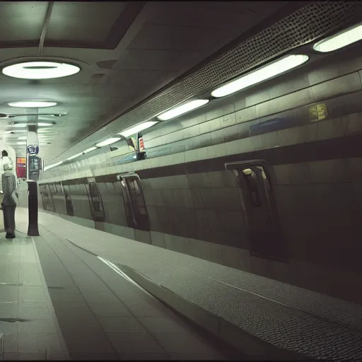 Image similar to a beautiful photo of an astronaut waiting in a subway station, 1970', soft light, morning light, photorealistic, realistic, octane, 8k, cinematic shot