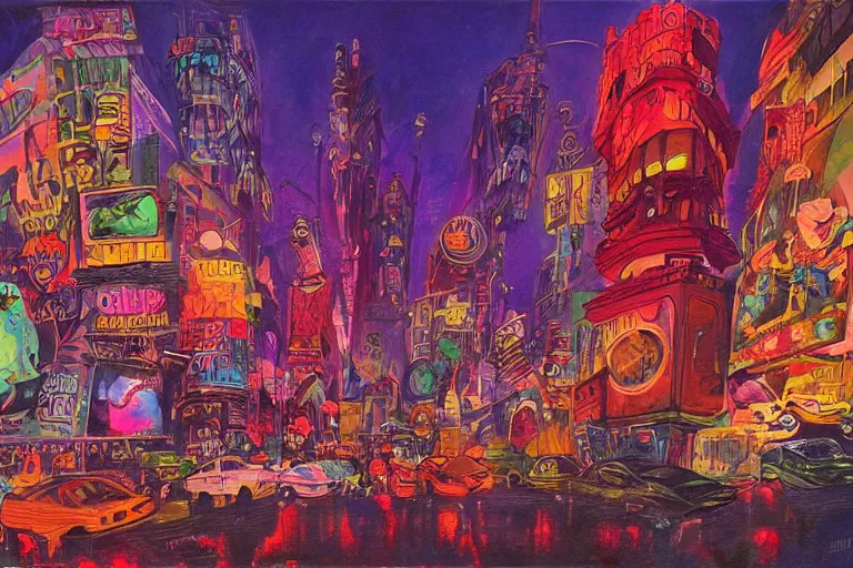 Image similar to surreal colorful nightmarish cityscape, artwork by Ralph Bakshi