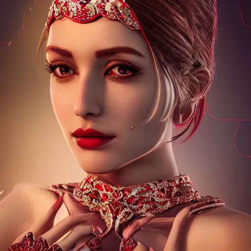 Image similar to wonderful princess with smooth fair skin, alluring eyes, red jewelry, breathtaking, elegant, intricate, ornate backdrop, hyper detailed, accent lighting, 4 k glamour photography, octane render