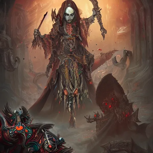 Image similar to Necromancer leading an army of the dead, maximalist, high detail, 8k, ornate, dark fantasy, realistic, masterpiece, Trending on art station, complex, WLOP