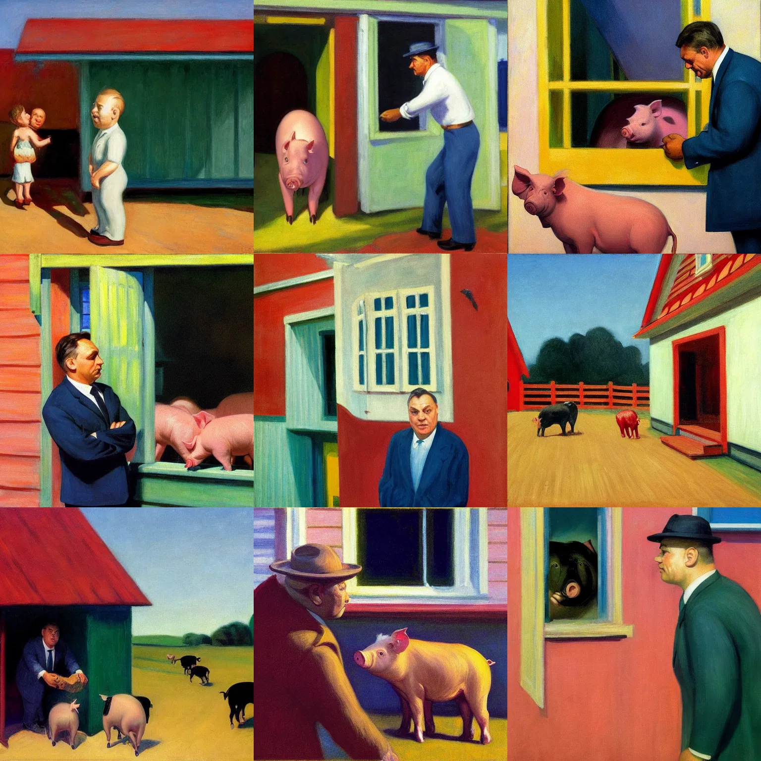 Prompt: viktor orban detailed face greeting the pigs in front of the pig house, by edward hopper