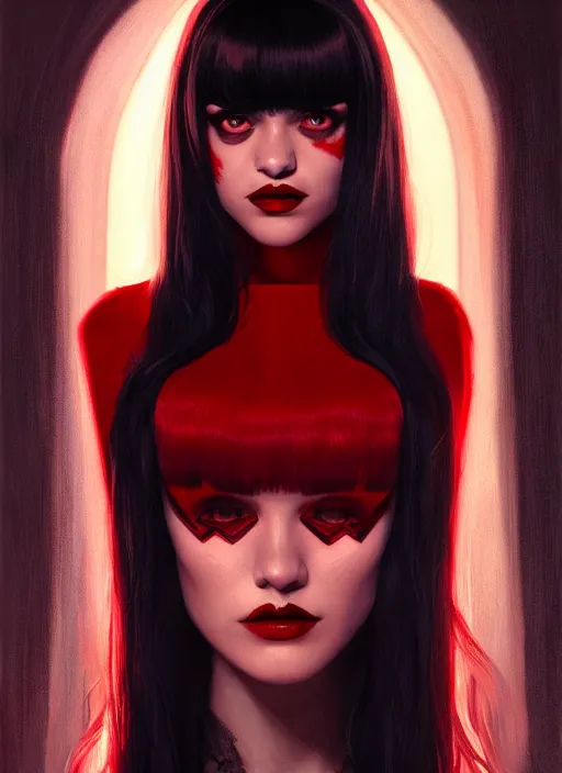 Image similar to portrait of vampire veronica lodge with bangs, vampire fangs, vampire, long hair, red clothes, bangs, vampironica, intricate, elegant, glowing lights, highly detailed, digital painting, artstation, concept art, smooth, sharp focus, illustration, art by wlop, mars ravelo and greg rutkowski