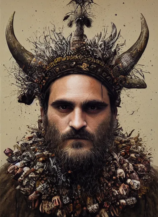 Prompt: a hyper detailed painting of joaquin phoenix with a viking crown, cow horns, pig nose, sheep wool, chicken feather armor, horror, by anna podedworna, by miklos ligeti, by diego maricato, by taran fiddler, by antonino truisi, by chris reddie, by jinsung lim, trending on artstation