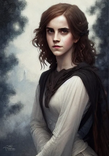 Image similar to emma watson hermione magic gothic, intricate, elegant, highly detailed, digital painting, artstation, concept art, smooth, sharp focus, illustration, art by artgerm and greg rutkowski and alphonse mucha and william - adolphe bouguereau