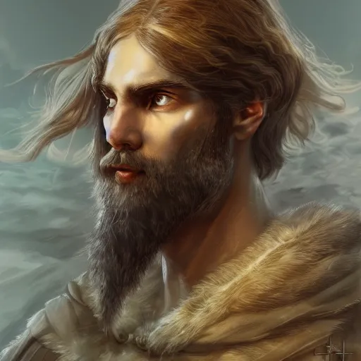 Prompt: Magnificent portrait of a Nordic God man, fantasy, medieval, highly detailed, Artstation