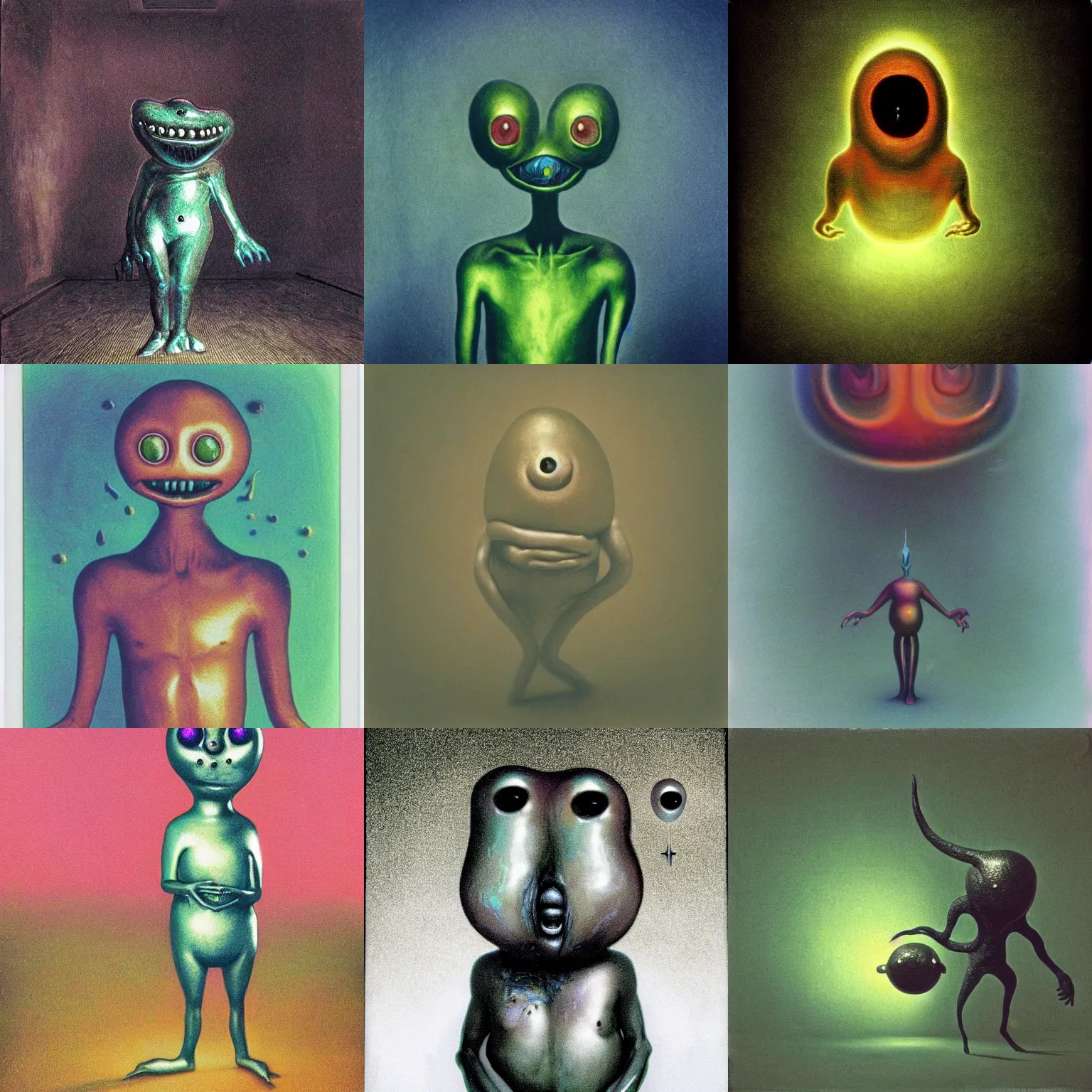 Prompt: glowing metallic blobby guy creature, weird silly thing with big eyes, prancing around in an empty room. goofy smile face, stupid idiot cryptid, spiritual eerie creepy picture, zdislaw beksinski, wiggly ethereal being, surreal animal, leonora carrington, liminal space, studio lighting, polaroid, pastel colours, grainy photograph
