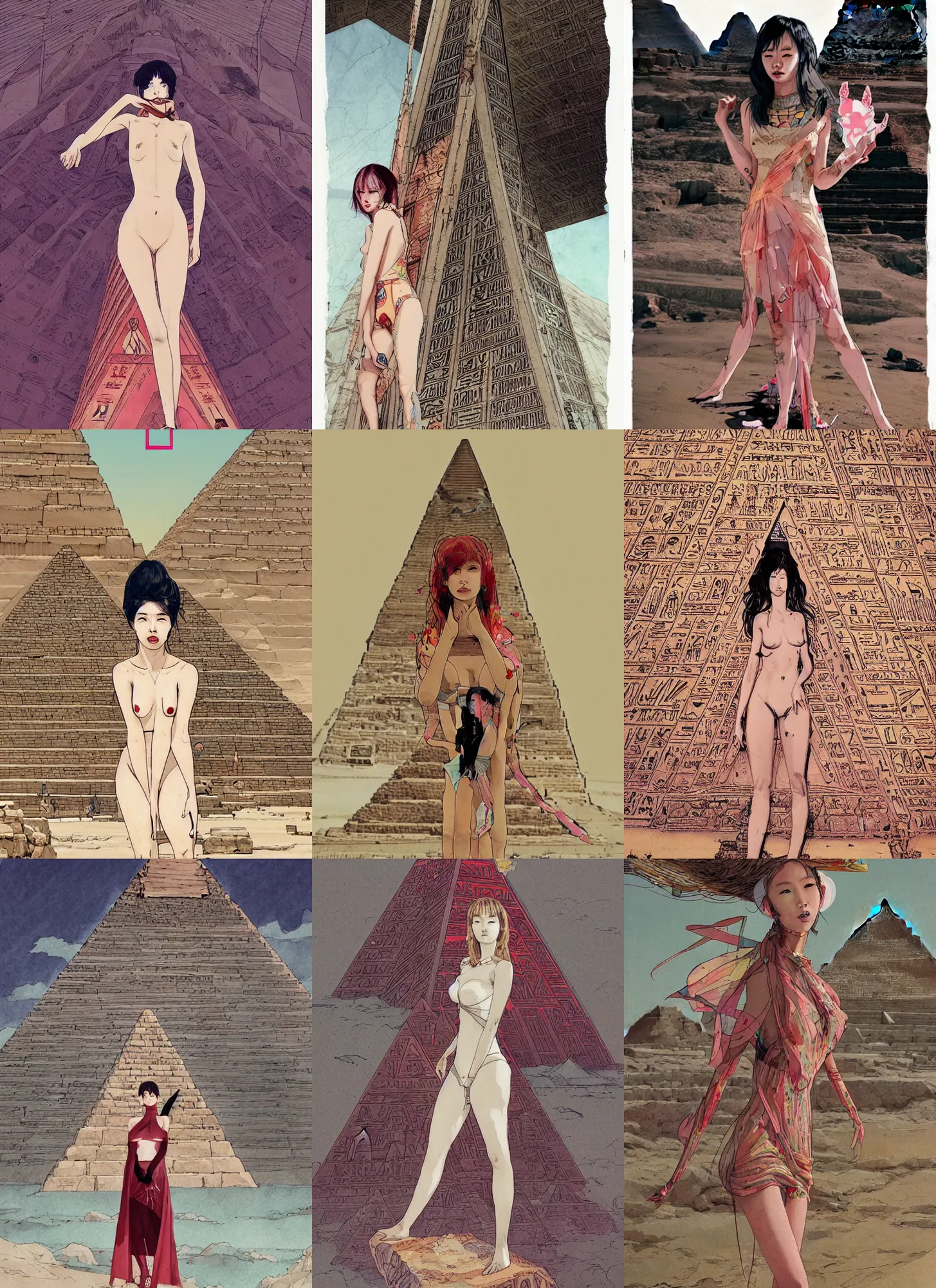 Prompt: lee jin - eun in tempting dress emerging from the pyramid of egypt by nicola samuri, conrad roset, m. k. kaluta, martine johanna, rule of thirds, seductive look, beautiful