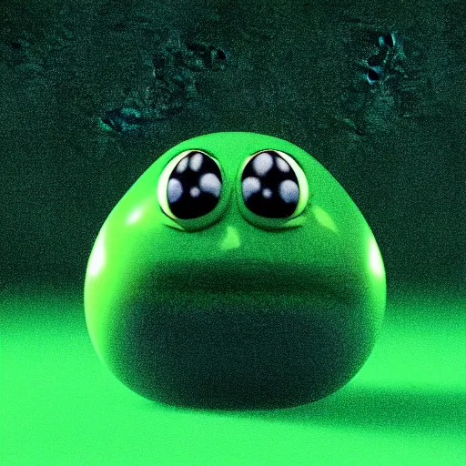 Image similar to 3 d octane render of a transparent chibi green slimeball character with eyes