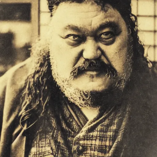 Prompt: Portrait of Hagrid as a 19th century Japanese trader at a Kyoto street market, 1900s photography style