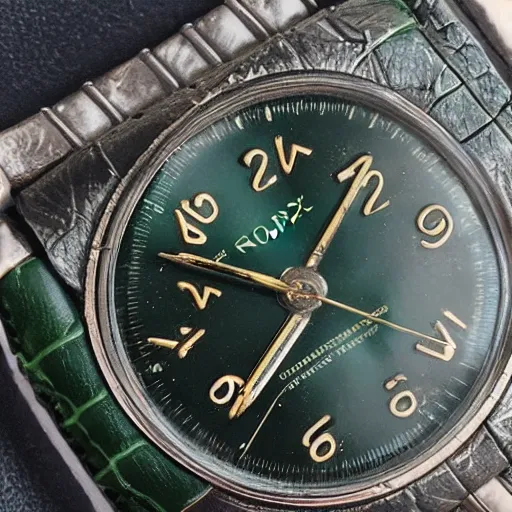 Image similar to vintage wristwatch rolex jewels green leather band numerals in japanese black display case macro photograph, intricate details