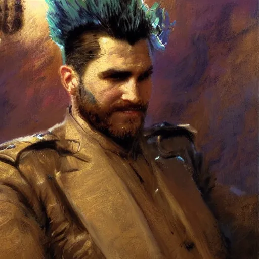 Image similar to a man with a mohawk haircut, painting by Gaston Bussiere, Craig Mullins