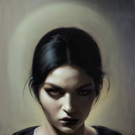 Image similar to Face of a beautiful woman with very black hair, intimidating woman, large black eyes, high forehead, smooth pale skin, ethereal skin, ominous, eldritch. oil painting by nuri iyem, james gurney, james jean, greg rutkowski, highly detailed, soft lighting, chiaroscuro