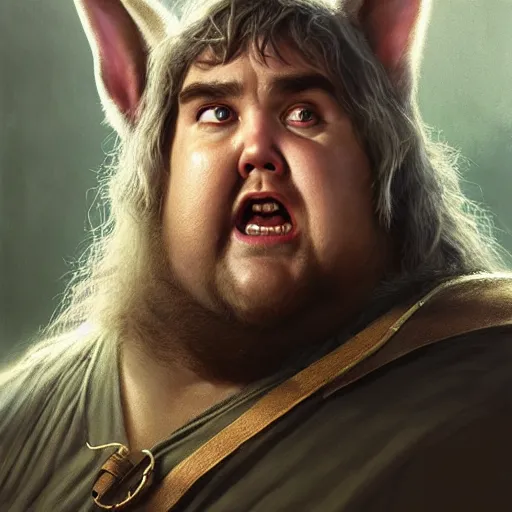 Image similar to hyper realistic, lord of the rings, close up portrait of a mega derpy john candy, big chungus, with bunny ears, stoned, by greg rutkowski, scott m fischer, artgerm, loish, slight glow, atmospheric, anne stokes, alexandros pyromallis