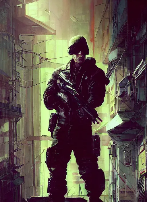 Image similar to Eminem ,Cyberpunk mercenary in tactical gear climbing a security fence. rb6s, (Cyberpunk 2077), blade runner 2049, (matrix). Epic painting by Craig Mullins and Alphonso Mucha. painting with Vivid color.