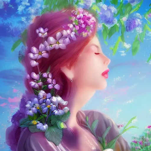 Prompt: a picture of a dreaming woman with flowers roses peonies forget-me-nots dahlias lupins gladioli grow out of hair, sky theme in background, Digital Art, Trending on artstation