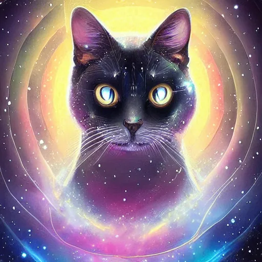 Prompt: geometric symmetrical house cat with galaxy eyes in space, nebula in the background, intricate, elegant, highly detailed, digital painting, artstation, concept art, smooth, sharp focus, illustration, art by artgerm