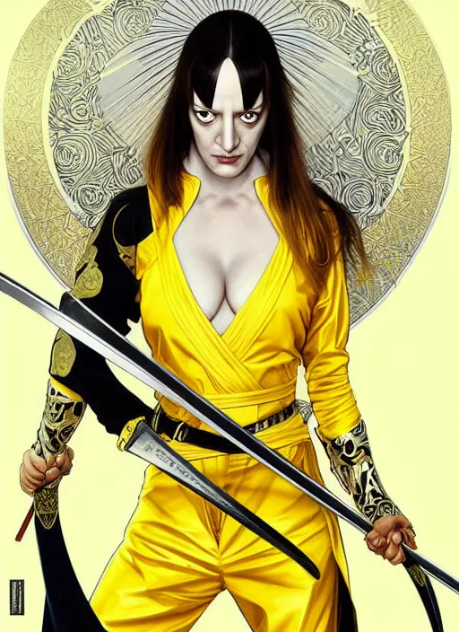 Image similar to uma thurman in kill bill as a very cool warrior, rococo and art nouveau fusion, swinging reflective katana, yellow jumpsuit with black stripe, highly detailed, deep focus, elegant, digital painting, smooth, sharp focus, illustration, ultra realistic, japanese art by artgerm and alphonse mucha