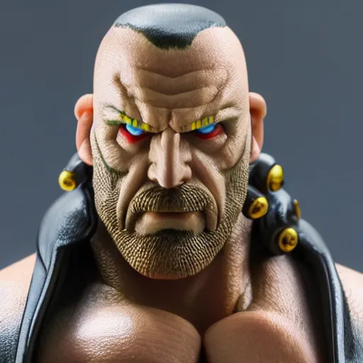 Image similar to Head-to-shoulder shot of a Triple H vinyl figure as a villain, 3d, high quality, depth of field, high contrast, 8k, concept art