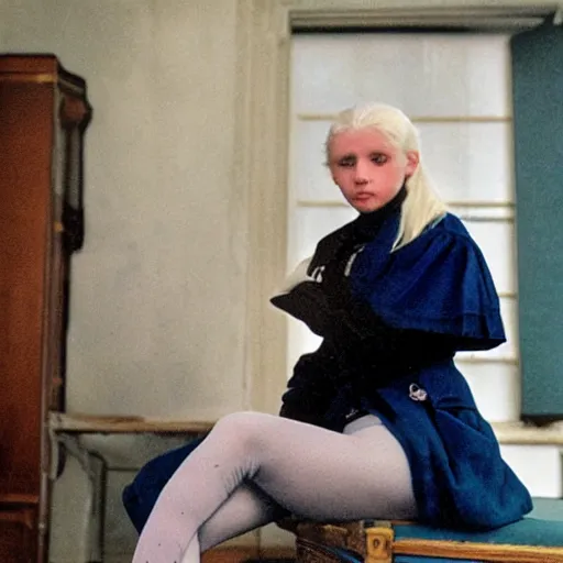 Image similar to aristocratic platinum - blonde - haired hime - cut blue - eyed 1 9 - year - old french princess wearing white leggings and black jacket, sitting in a communist office chatting with a bolshevik officer, colorized hd photograph