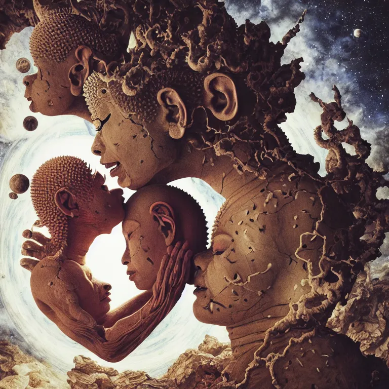 Image similar to paper collage by annegret soltau of two buddhist demons kissing each other in wastelands on white exoplanet at night, baroque portrait painting, beautiful intricate insanely detailed octane render, artstation, 8 k artistic harsh flash photography, photorealistic, volumetric perfect light, chiaroscuro, raphael, caravaggio, beksinski, rutkowski, giger