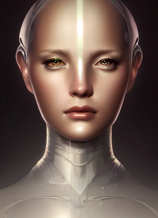 Prompt: portrait of female android, intricate, elegant, highly detailed, digital painting, artstation, concept art, smooth, sharp focus, illustration, art by fra angelico