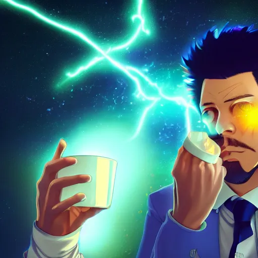 Image similar to A man drinking a cup of cosmic energy, bright light, by Masafumi Harada, 4k, digital art, surreal, anime style, space dandy style, highly detailed, godsend, artstation