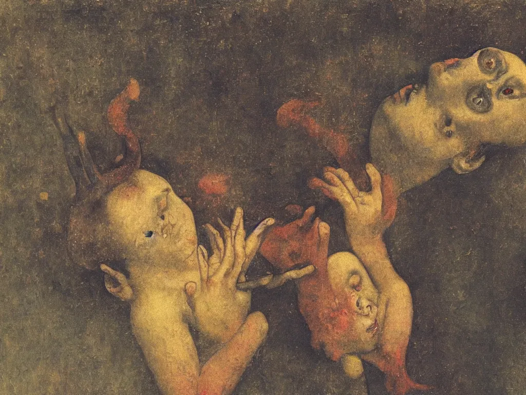 Prompt: Close up of a small devil taking the soul from the chest of a dead man. Painting by Lucas Cranach, Odilon Redon