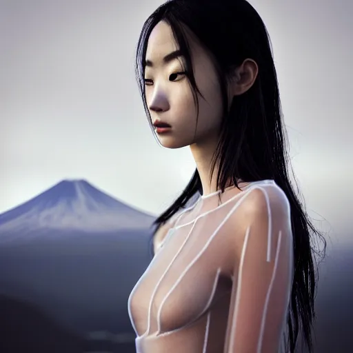 Image similar to a instax photo of fuji mountain, a tall japanese girl in a transparent sheer fabric dress against the background of fuji mountain, severe snow, full body shot, perfect symmetrical body, perfect symmetrical face, coherent symmetrical eyes, by peter kemp, by monia merlo, hyperrealistic, hyperdetailed, octane render, 8 k