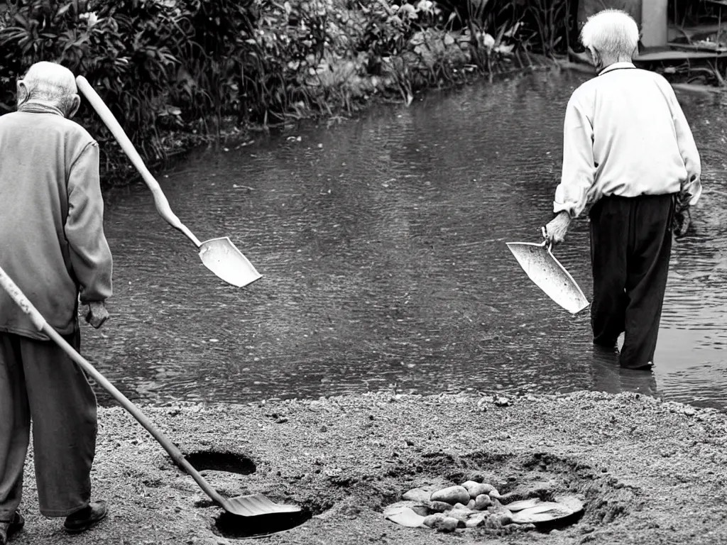 Image similar to old man appears carrying a shovel. he's also carrying a fish. then i remember, the fish in the pond died yesterday, and he's going to bury it. old woman had seen the neighbour burying their pet cat and thought that it was the thing to do.