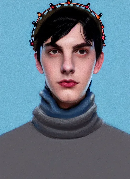 Image similar to portrait of teenage jughead jones wearing a light grey crown, crown, blue turtleneck, 1 9 5 0 s, closed eyes, photorealistic, black hair, glowing lighting, intricate, elegant, glowing lights, highly detailed, digital painting, artstation, concept art, smooth, sharp focus, illustration, art by wlop, mars ravelo and greg rutkowski