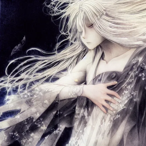 Image similar to Yoshitaka Amano blurred and dreamy illustration of an anime girl with wavy white hair fluttering in the wind and cracks on her face wearing elden ring armour with the cloak, abstract black and white patterns on the background, noisy film grain effect, highly detailed, Renaissance oil painting, weird portrait angle