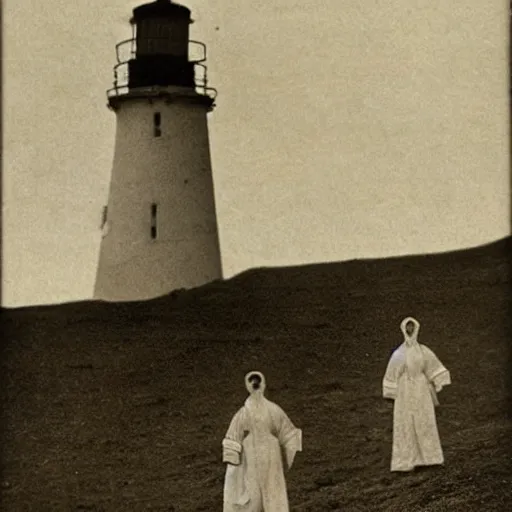 Image similar to worshippers dressed in robes belonging to the cult of the lighthouse. Dilapidated 1800s lighthouse. Unnaturally tall lighthouse. Beacons of light. 1800s photo.