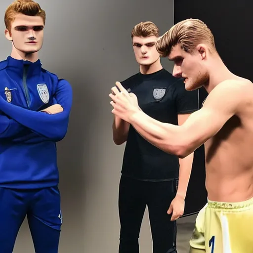 Image similar to a realistic detailed photo of a guy who is an attractive humanoid who is half robot and half humanoid, who is a male android, soccer players martin ødegaard & timo werner, shiny skin, posing like a statue, blank stare, in a factory, on display, showing off his muscles, gold soccer shorts, side view, looking at each other mindlessly