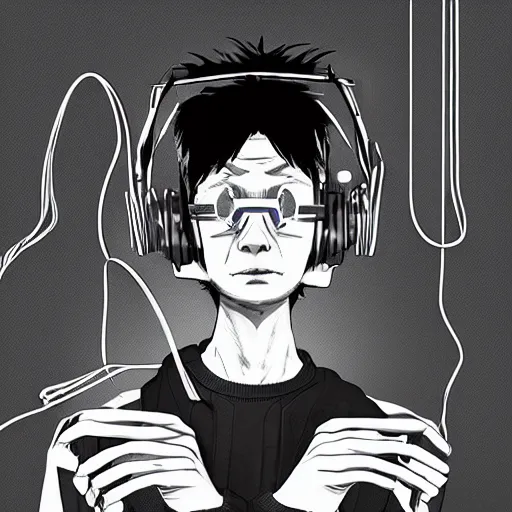 Image similar to rpg character concept art, modular synth musician patching cables, wires flying in the air, wearing a prototype ar headset, in the style of jamie hewlett hiroya oku riyoko ikeda, 3 d render, artstation trending, 8 k, octane render, photorealistic, sharp detail, manga, black and white