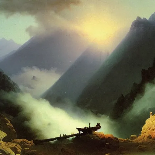 Image similar to a dramatic mountainous landscape matte painting by Ivan Aivazovsky