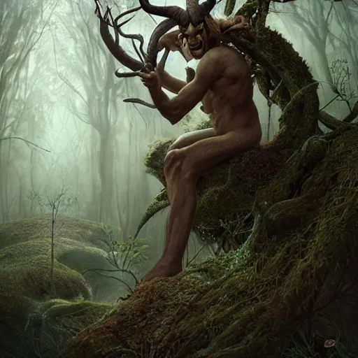 Prompt: a satyr sitting on a throne in an ominous forest by bastien lecouffe - deharme, ken kelly, artgerm and karol bak, unreal engine, dynamic lighting, fog, glowing eyes, illustration, vines, thorns, god rays, mysterious