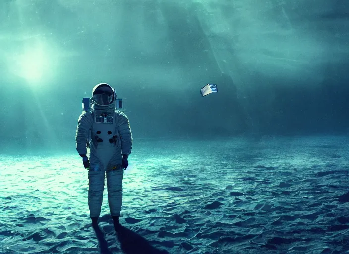 Image similar to astronaut holding a flag in an underwater desert. a submarine is visible in the distance. dark, concept art, cinematic, dramatic, atmospheric, 8 k, trending on artstation, blue, fish, low visibility, fog, ocean floor, christopher nolan, interstellar