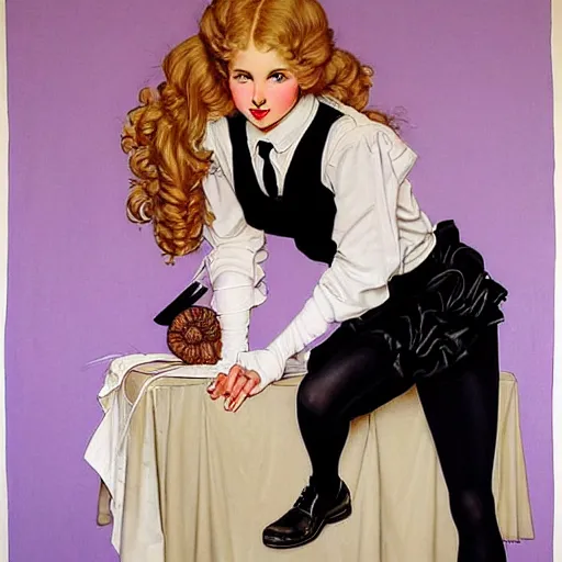 Image similar to beautiful painting of Lucius as a French maid with long pale curly blond hair, beautiful androgynous young man, very very light fluffy curly blond hair, he wears a white secretary shirt and black miniskirt, pinup poster by J.C Leyendecker and Norman Rockwell