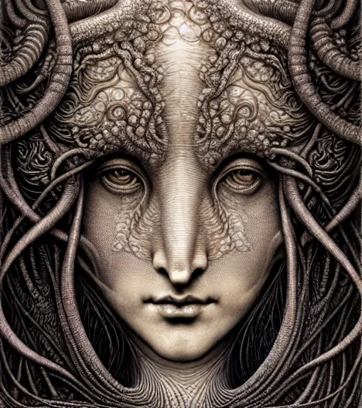 Image similar to detailed realistic beautiful mermaid goddess face portrait by jean delville, gustave dore, iris van herpen and marco mazzoni, art forms of nature by ernst haeckel, art nouveau, symbolist, visionary, gothic, neo - gothic, pre - raphaelite, fractal lace, intricate alien botanicals, ai biodiversity, surreality, hyperdetailed ultrasharp octane render