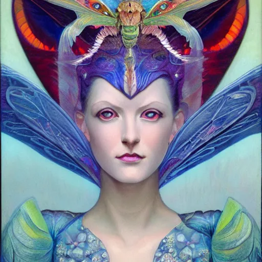 Image similar to beautiful closeup portrait of an art deco fairy queen, glowing eyes. reflective detailed textures, moth wings, highly detailed dark fantasy science fiction painting by donato giancola and nicholas roerich, elaborate geometric ornament, ancient runes, silver and cool colors. artstation