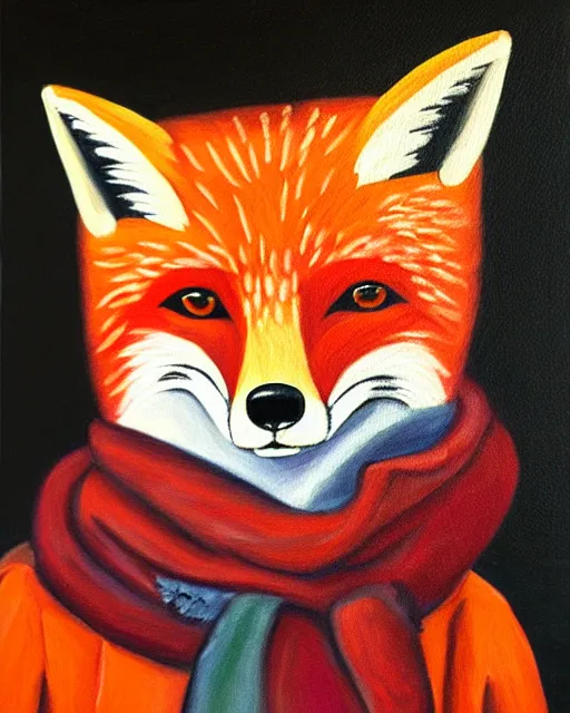 Image similar to oil painting portrait of anthropomorphic female fox animal dressed in sweater and scarf, fox animal, hollywood sign in background, oil painting,