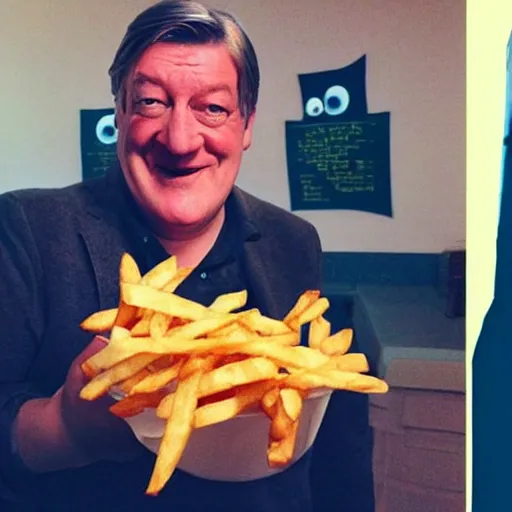 Image similar to photo of [ a single salted french fry chip ] shaped like that looks like stephen fry as a pixar character hybrid intercross mix cinematic lighting