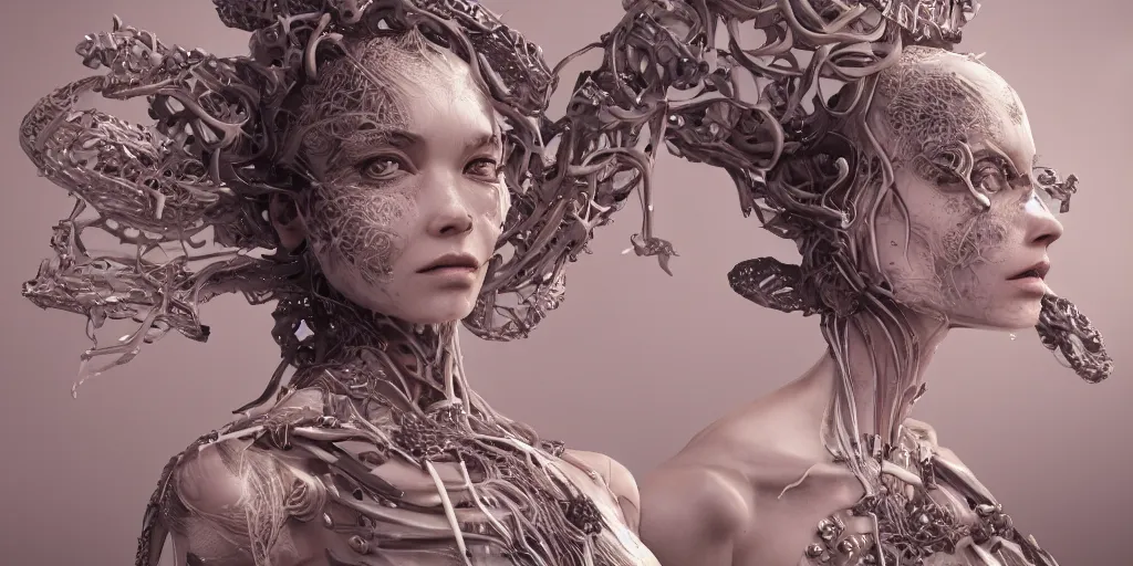 Image similar to photorealistic gorgeous symmetrical female cyborg, fanning tendrils, ribbon highly detailed, intricate, exuberant filigree, in the style of beth cavener, jin kagetsu, wlop, masterpiece, concept art, high key lighting, ambient lighting, octane render, 8 k, artstation