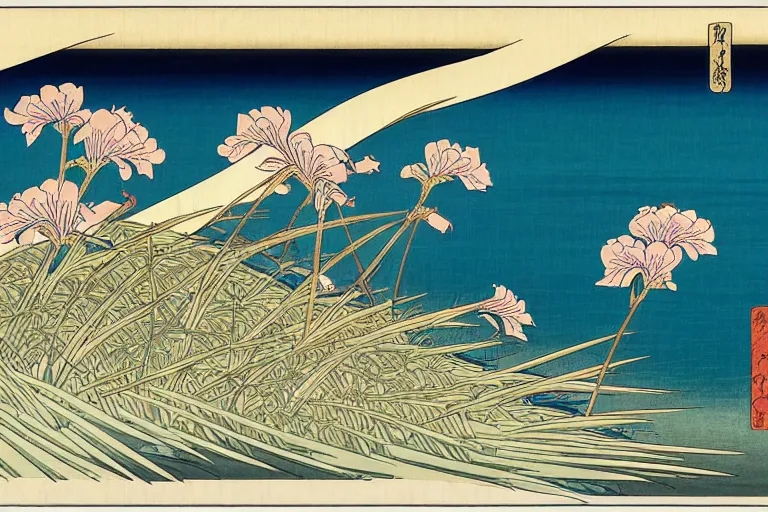 Image similar to a masterful ukiyo - e print of beautiful irises by katsushika hokusai and utagawa hiroshige, masterpiece, hyperdetailed!!, intricate!!, complex!!, 4 k