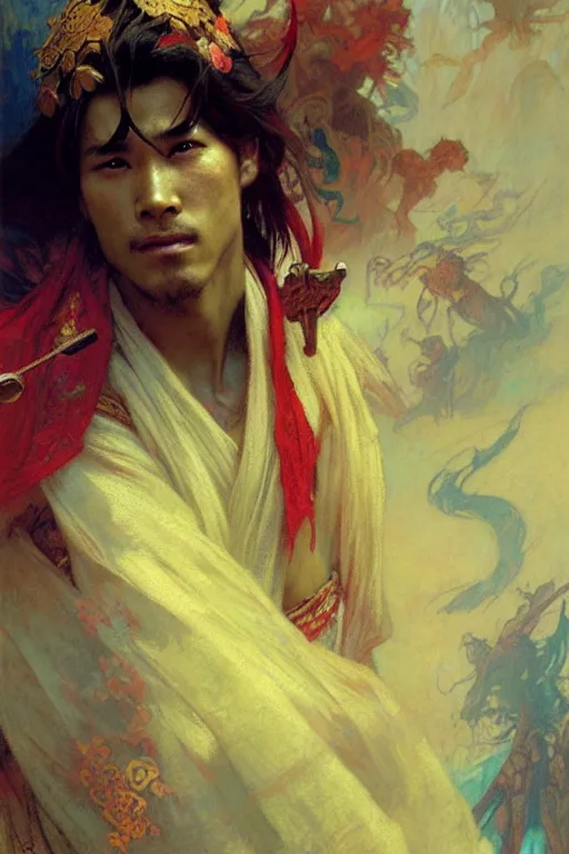 Image similar to attractive man, wuxia, colorful, painting by gaston bussiere, craig mullins, greg rutkowski, alphonse mucha